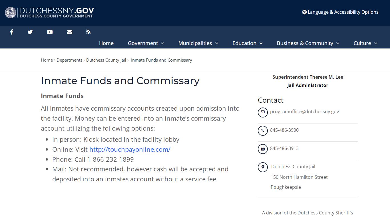 Inmate Funds and Commissary - Dutchess County Government